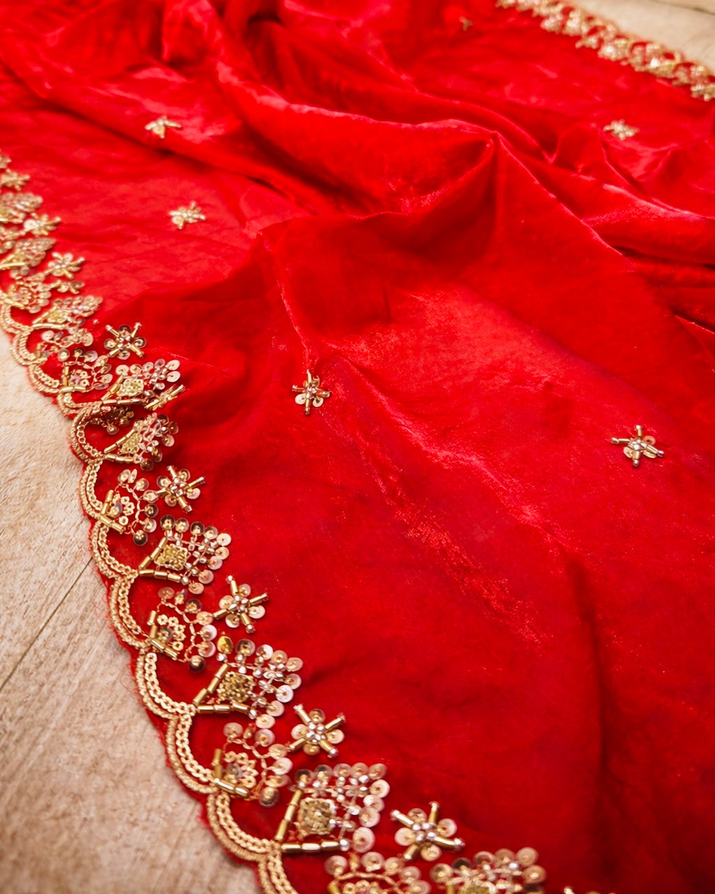 Red Bridal Silky Dupatta with Beads & Sequins Work