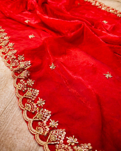 Red Bridal Silky Dupatta with Beads & Sequins Work