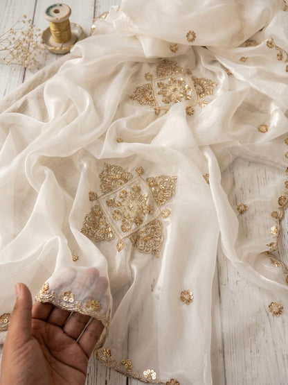 White Designer Silky Dupatta with Heavy Embroidery, Beads & Sequins