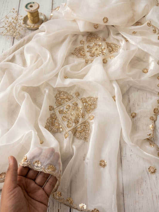 White Designer Silky Dupatta with Heavy Embroidery, Beads & Sequins