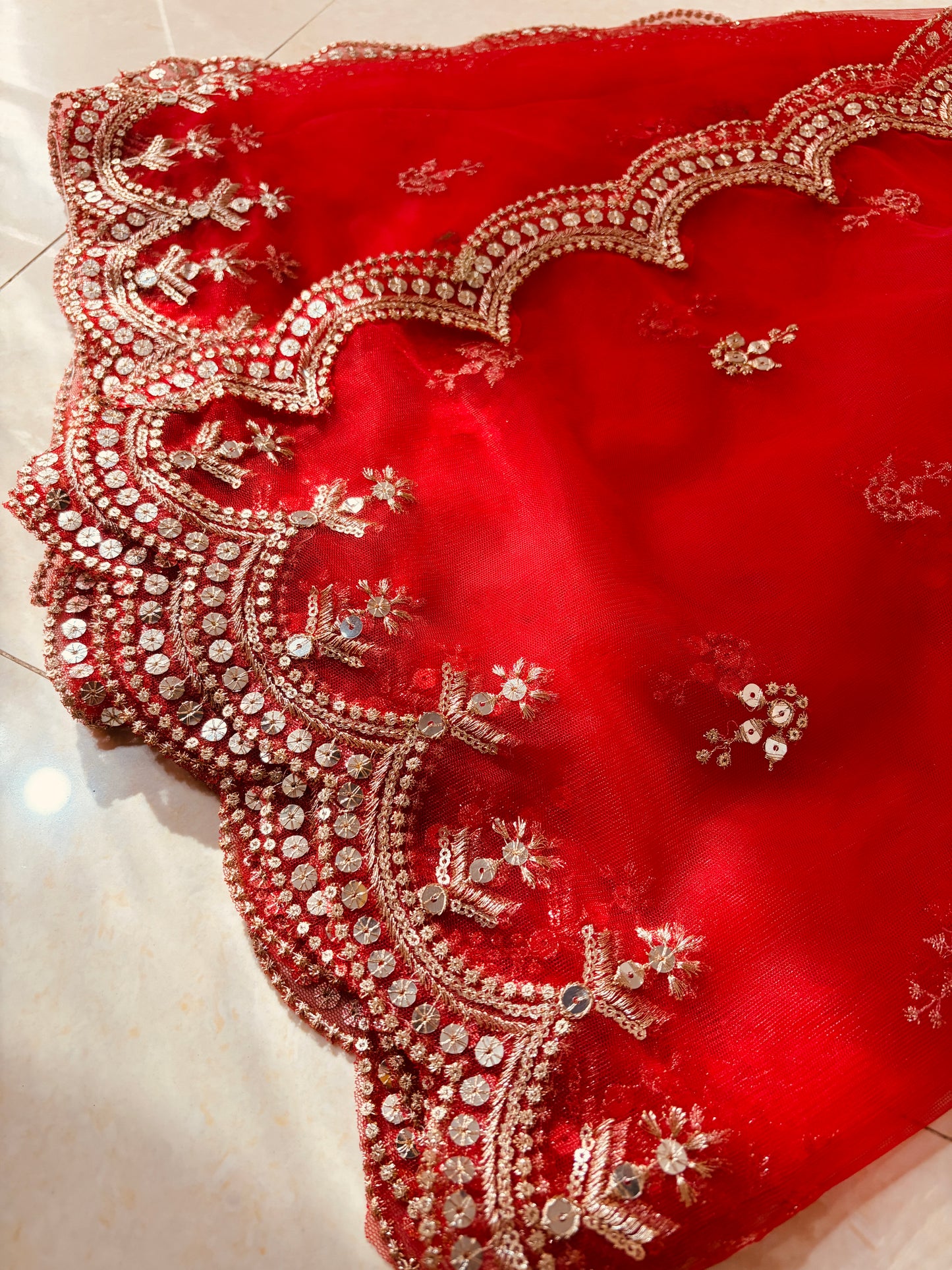 Red Bridal Net Dupatta with Sequins & Zari Cutwork Border