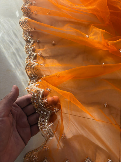 Orange Net Cutwork Dupatta with Beads & Zari Embroidery – Festive Ethnic Wear