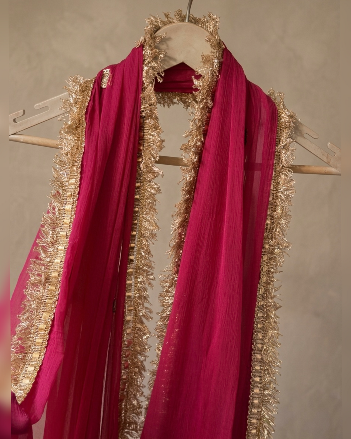 Rani Pink Chiffon Dupatta with Golden Zari Border | 2.5 Meter Lightweight Ethnic Wedding Dupatta