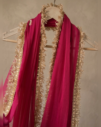 Rani Pink Chiffon Dupatta with Golden Zari Border | 2.5 Meter Lightweight Ethnic Wedding Dupatta
