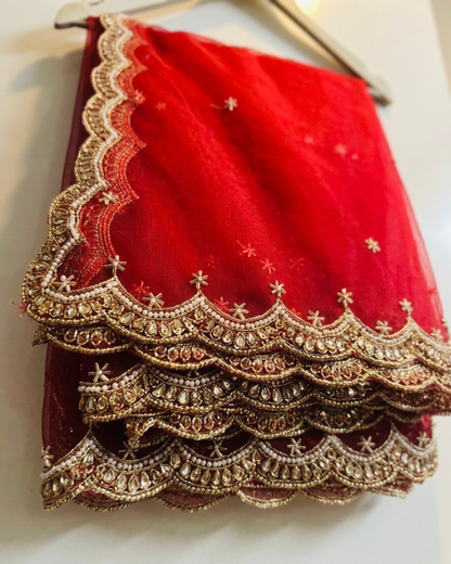 Red Bridal Net Dupatta with Zari & Beads Work – Wedding & Festive Wear