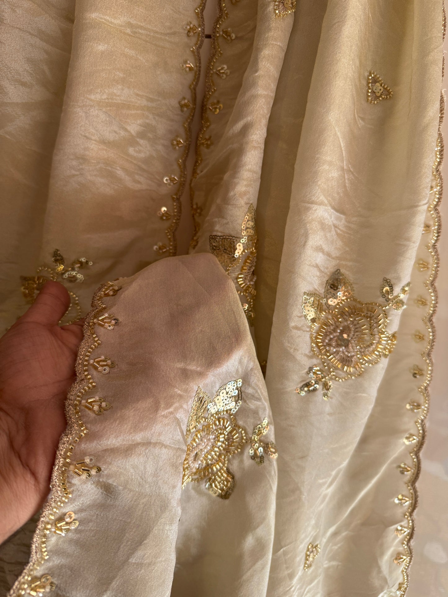 Golden Tissue Dupatta with Beads & Sequins Handwork – Bridal Partywear Dupatta