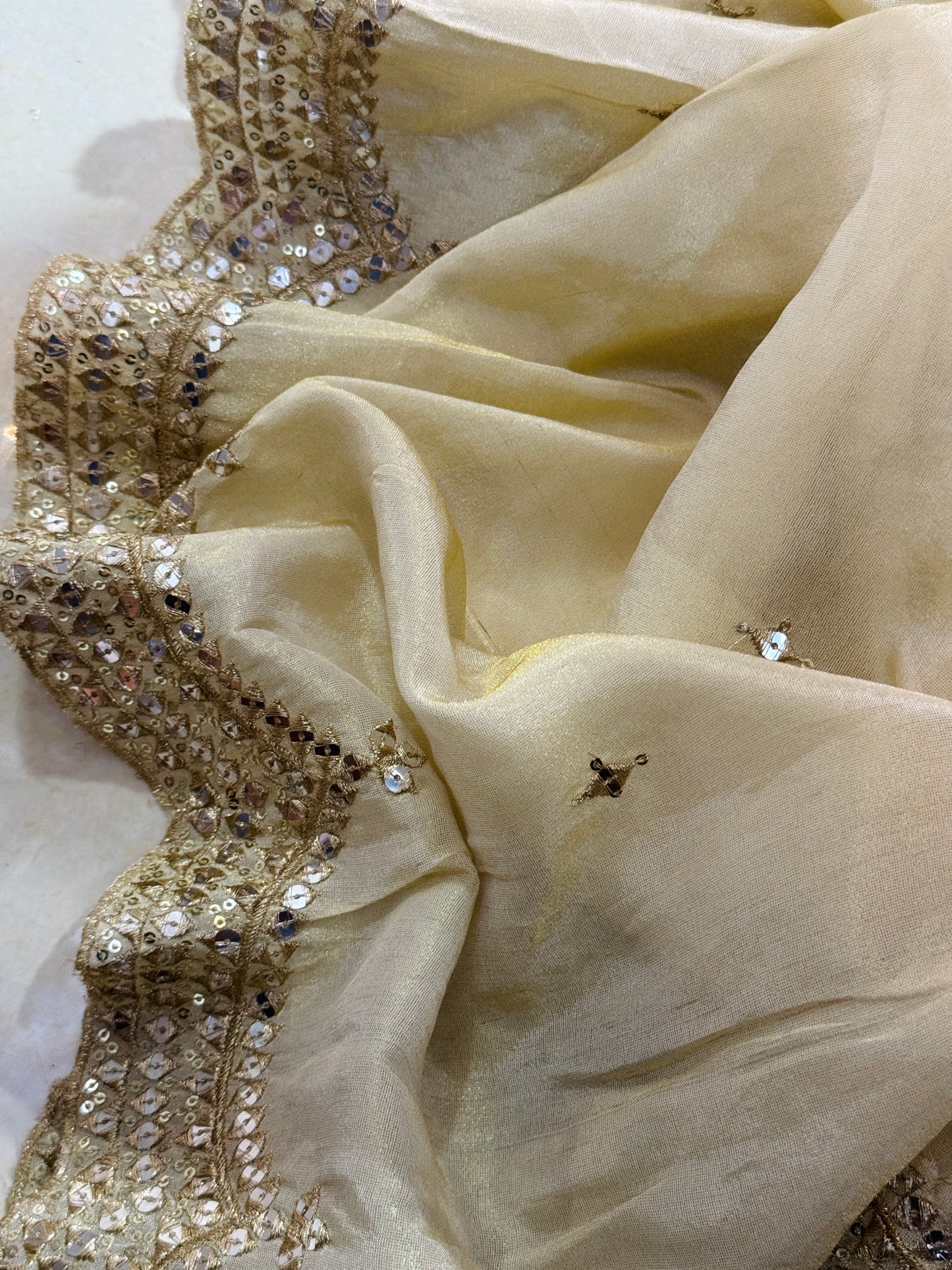 Golden Tissue Zari & Sequins Work Dupatta – Party & Bridal Wear