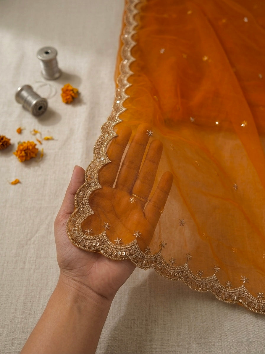 Orange Net Cutwork Dupatta with Beads & Zari Embroidery – Festive Ethnic Wear