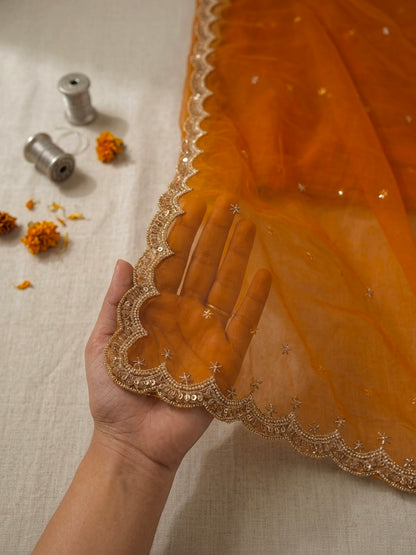 Orange Net Cutwork Dupatta with Beads & Zari Embroidery – Festive Ethnic Wear