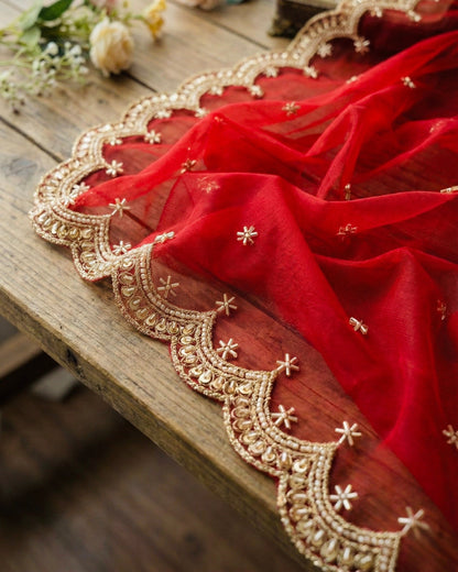 Red Bridal Net Dupatta with Zari & Beads Work – Wedding & Festive Wear