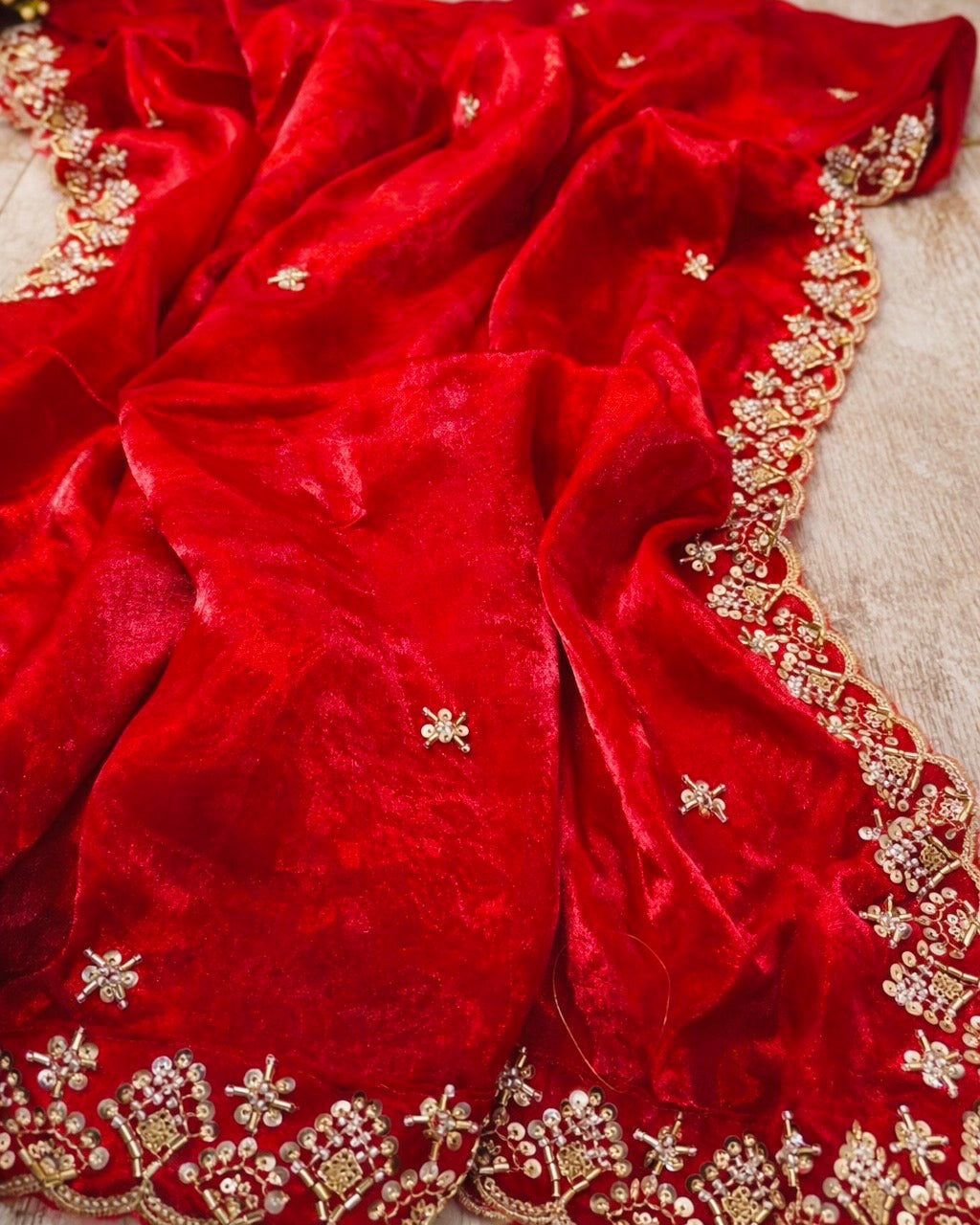 Red Bridal Silky Dupatta with Beads & Sequins Work