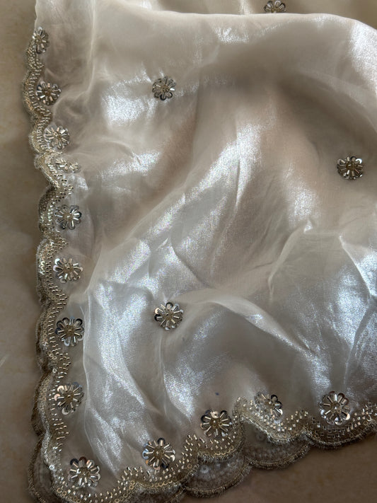 Off White Fendi Silk Dupatta with Silver Beadwork