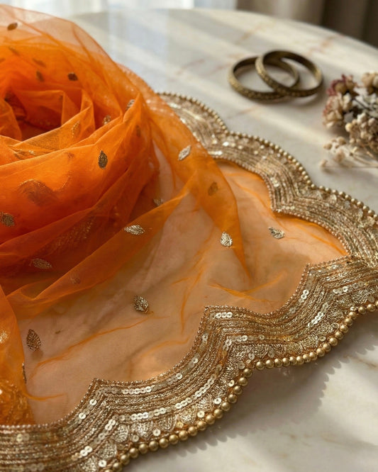 Orange Bridal Net Dupatta – Zari & Pearl Embroidery for Wedding & Nikah