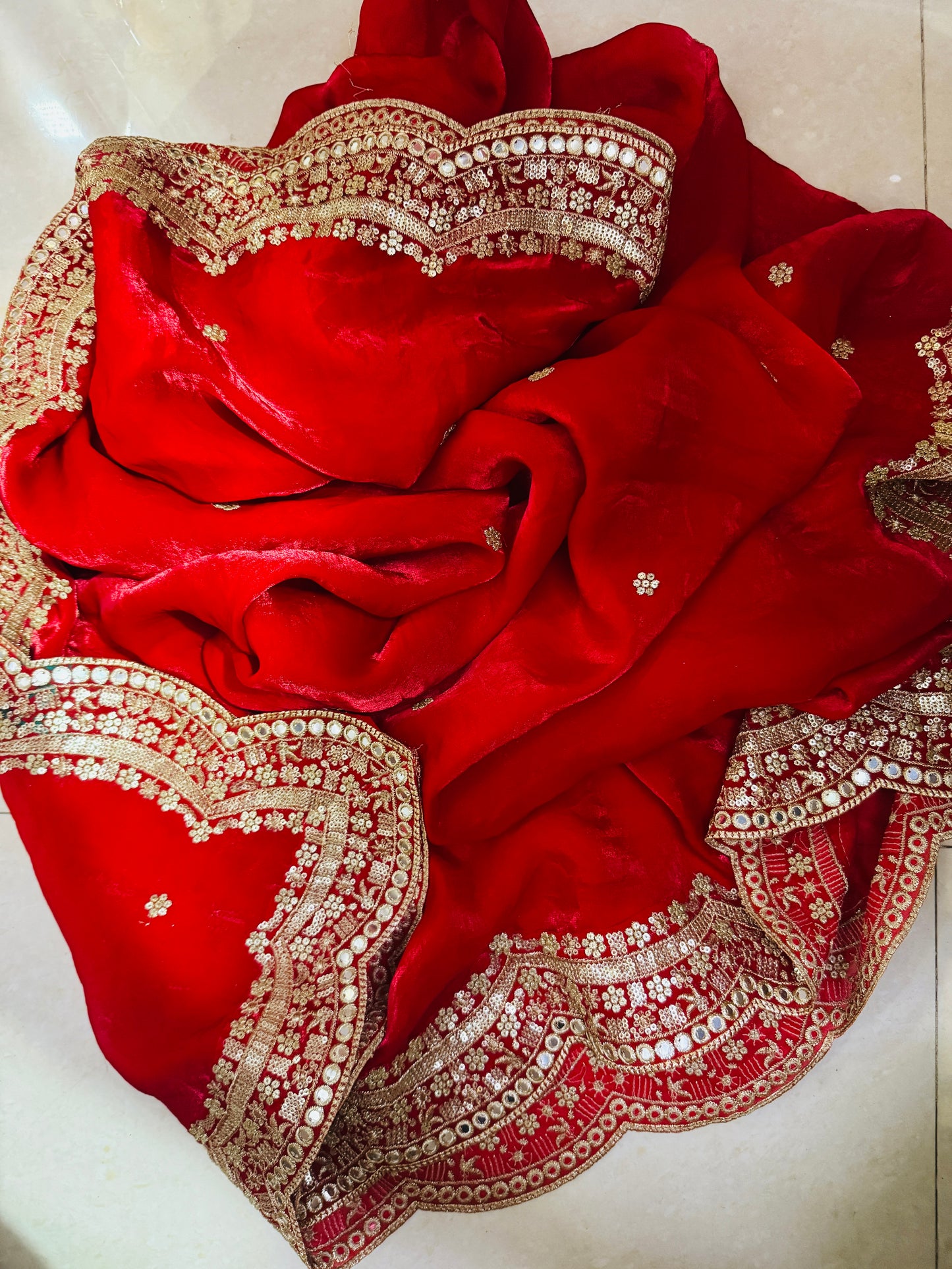 Bridal Red Silky Dupatta with Zari & Mirror Work – Wedding Wear Dupatta