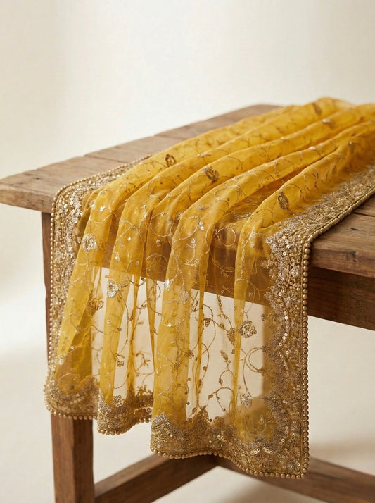 Yellow Net Dupatta with Zari, Sequins & Moti Work – Designer Wedding & Festive Dupatta