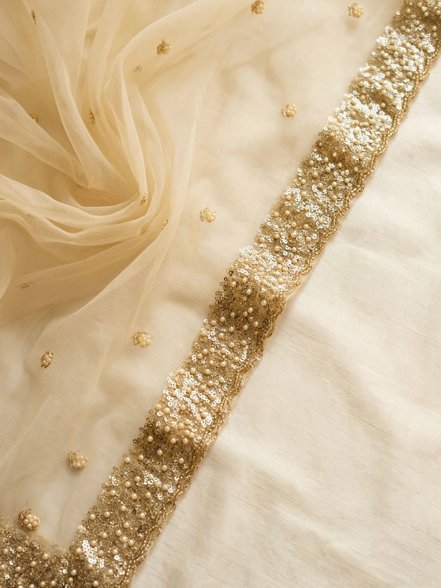 Bridal Golden Net Dupatta with Sequins & Beads Cutwork