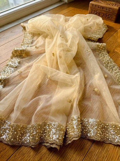 Bridal Golden Net Dupatta with Sequins & Beads Cutwork