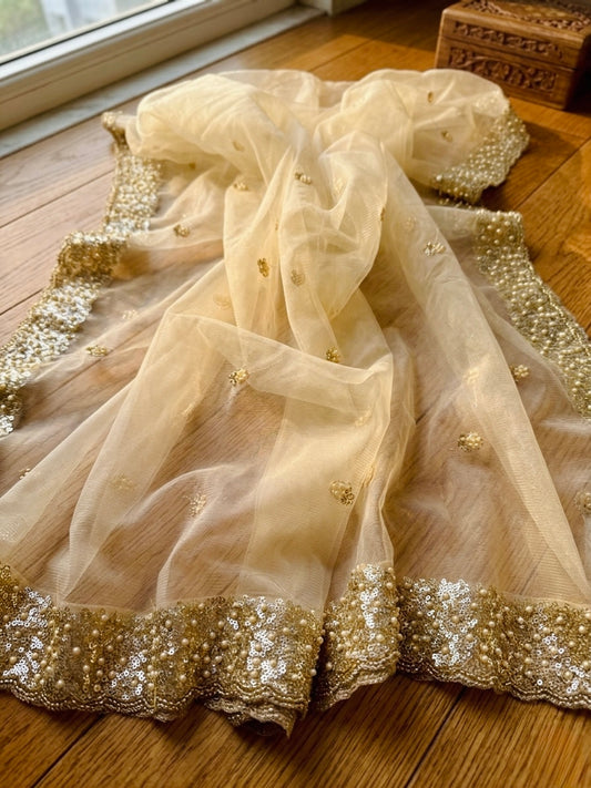 Bridal Golden Net Dupatta with Sequins & Beads Cutwork