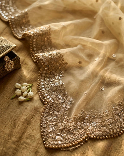 Golden Bridal Net Dupatta with Zari & Mirror Work