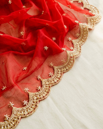 Red Bridal Net Dupatta with Zari & Beads Work – Wedding & Festive Wear