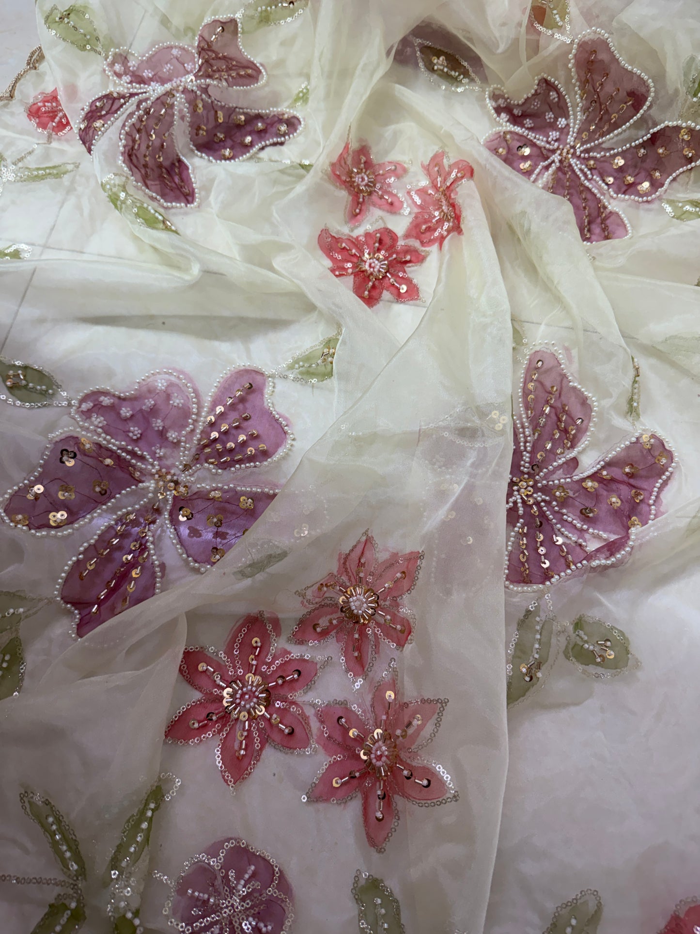 Organza Handpainted Dupatta – Designer Floral Dupatta