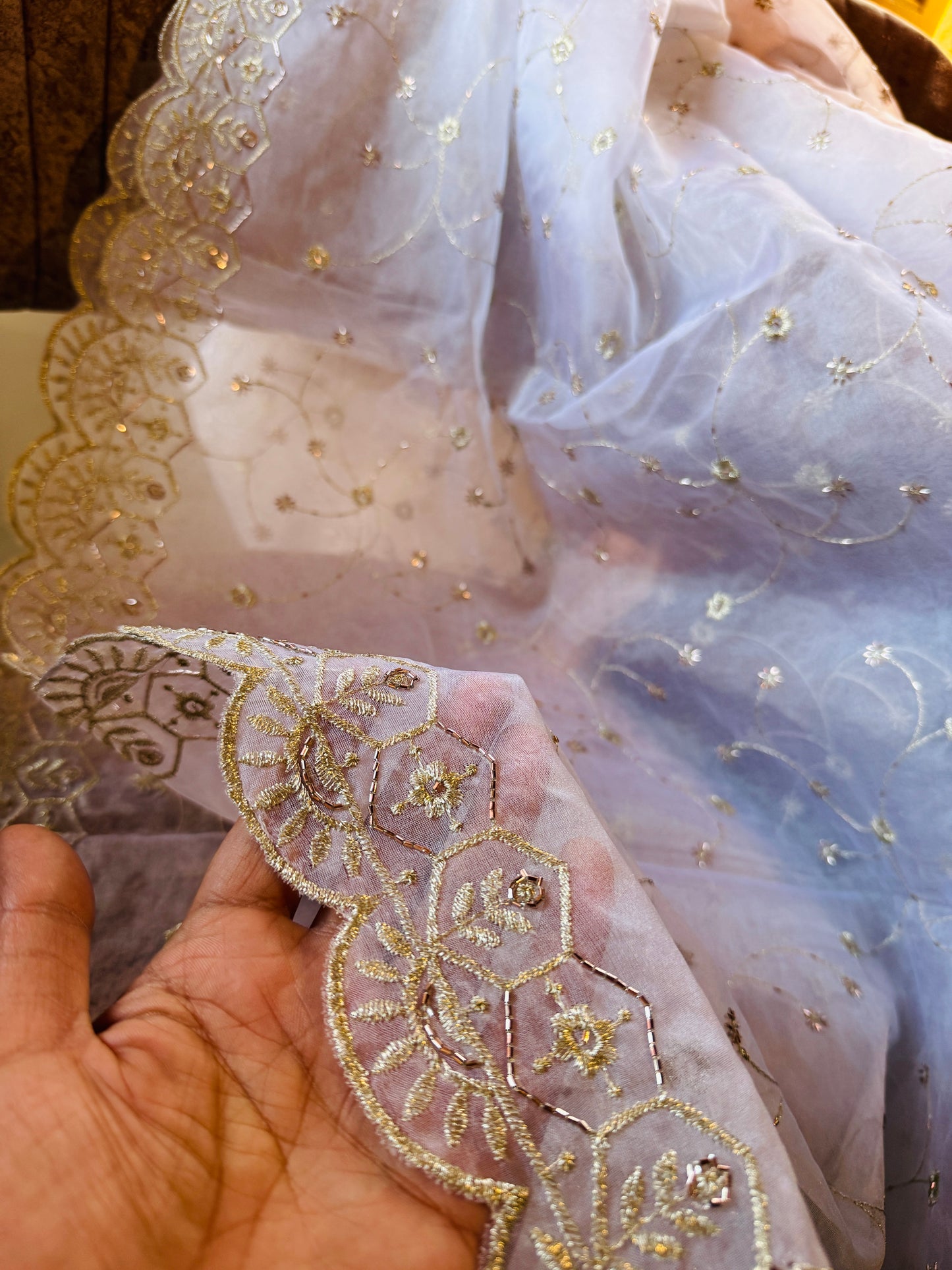 White Organza Dupatta for Women | Zari Embroidery & Beads Cutwork Border | Bridal Wrap