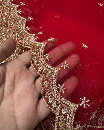 Red Bridal Net Dupatta with Zari & Beads Work – Wedding & Festive Wear