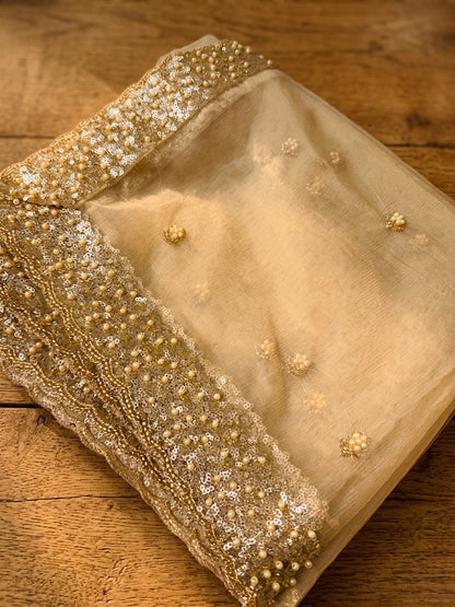 Bridal Golden Net Dupatta with Sequins & Beads Cutwork