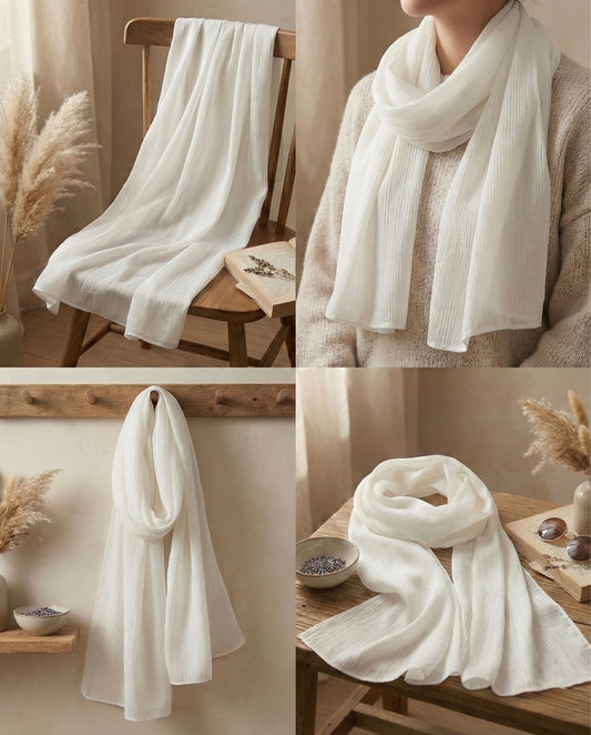 White Silky Pleated Scarf for Women – Soft Lightweight Elegant Wrap