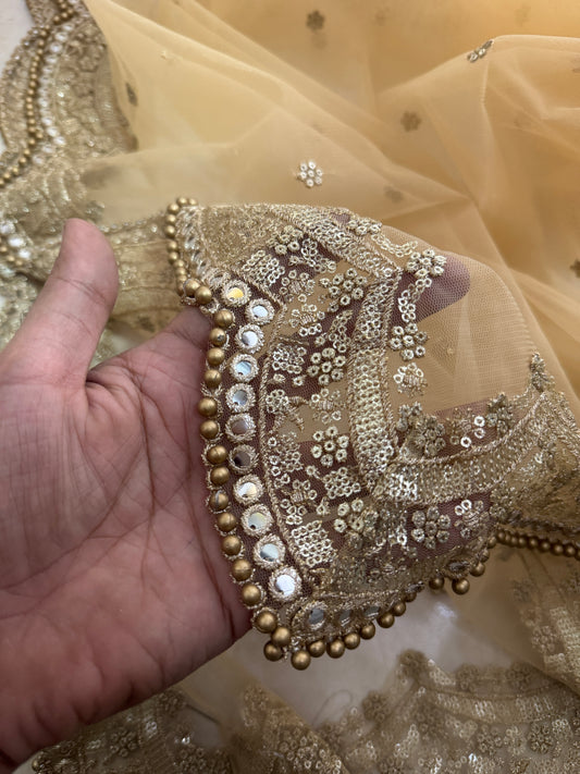 Golden net bridal dupatta with zari and mirror work – perfect for weddings