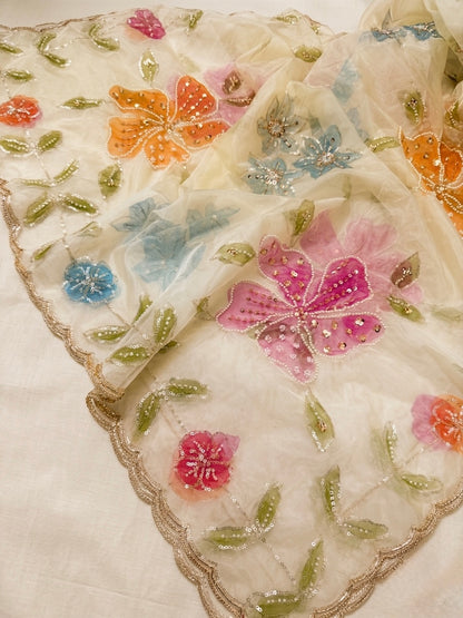 Handpainted Organza Dupatta with Pearls & Beads Work
