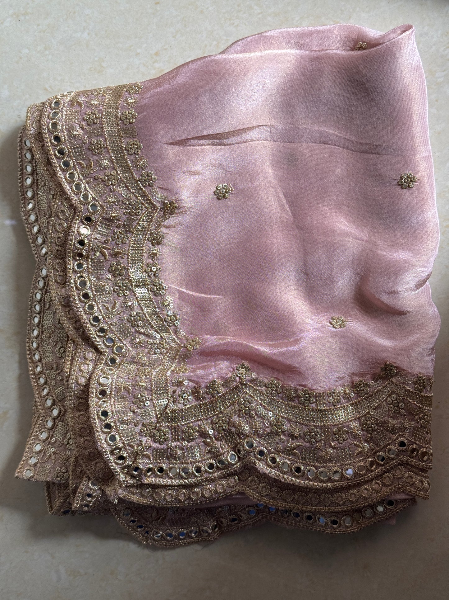 Pink Tissue Dupatta with Zari & Mirror Work – 2.5 Meter Elegant Partywear Dupatta for Women