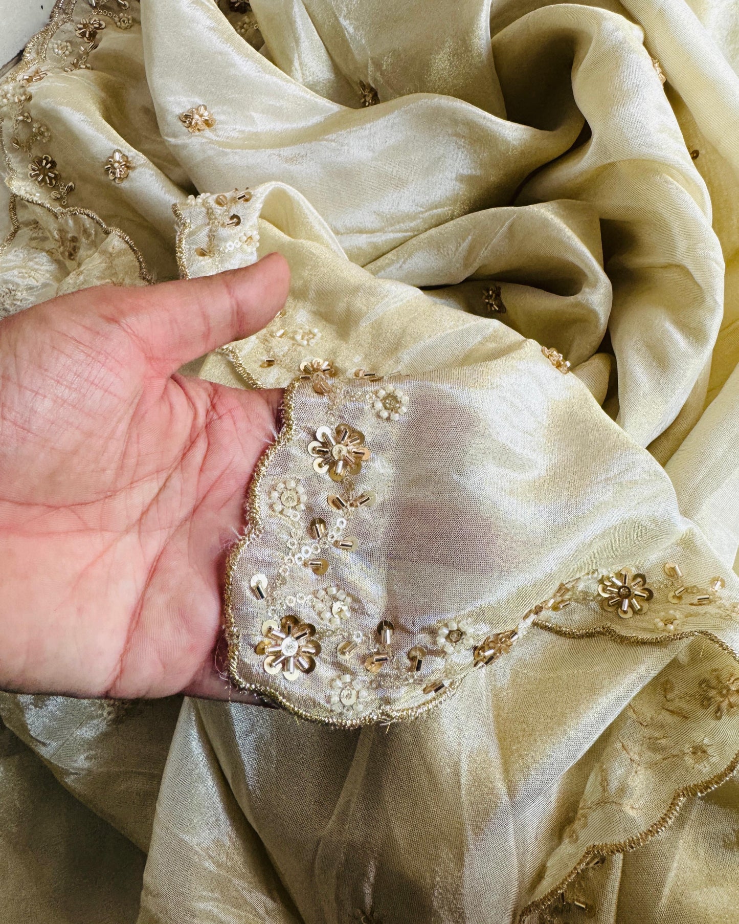 Golden Beaded Tissue Dupatta – Festive & Wedding Wear