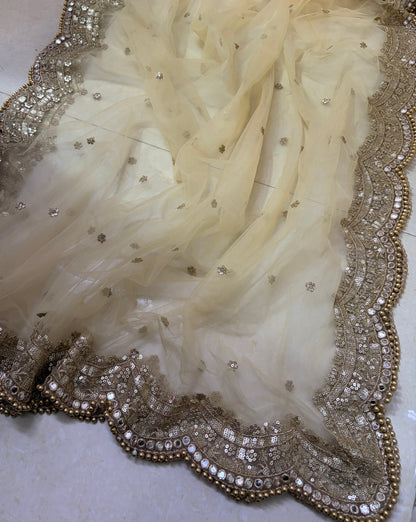Golden Bridal Net Dupatta with Zari & Mirror Work