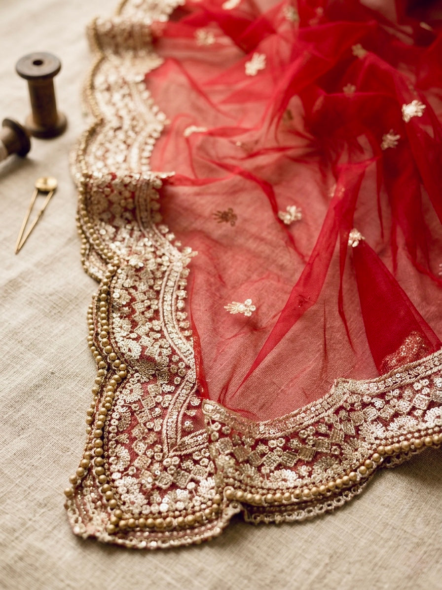 Maroon Net Bridal Dupatta with Zari Embroidery & Moti Border