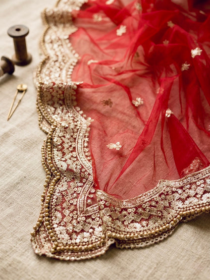 Maroon Net Bridal Dupatta with Zari Embroidery & Moti Border