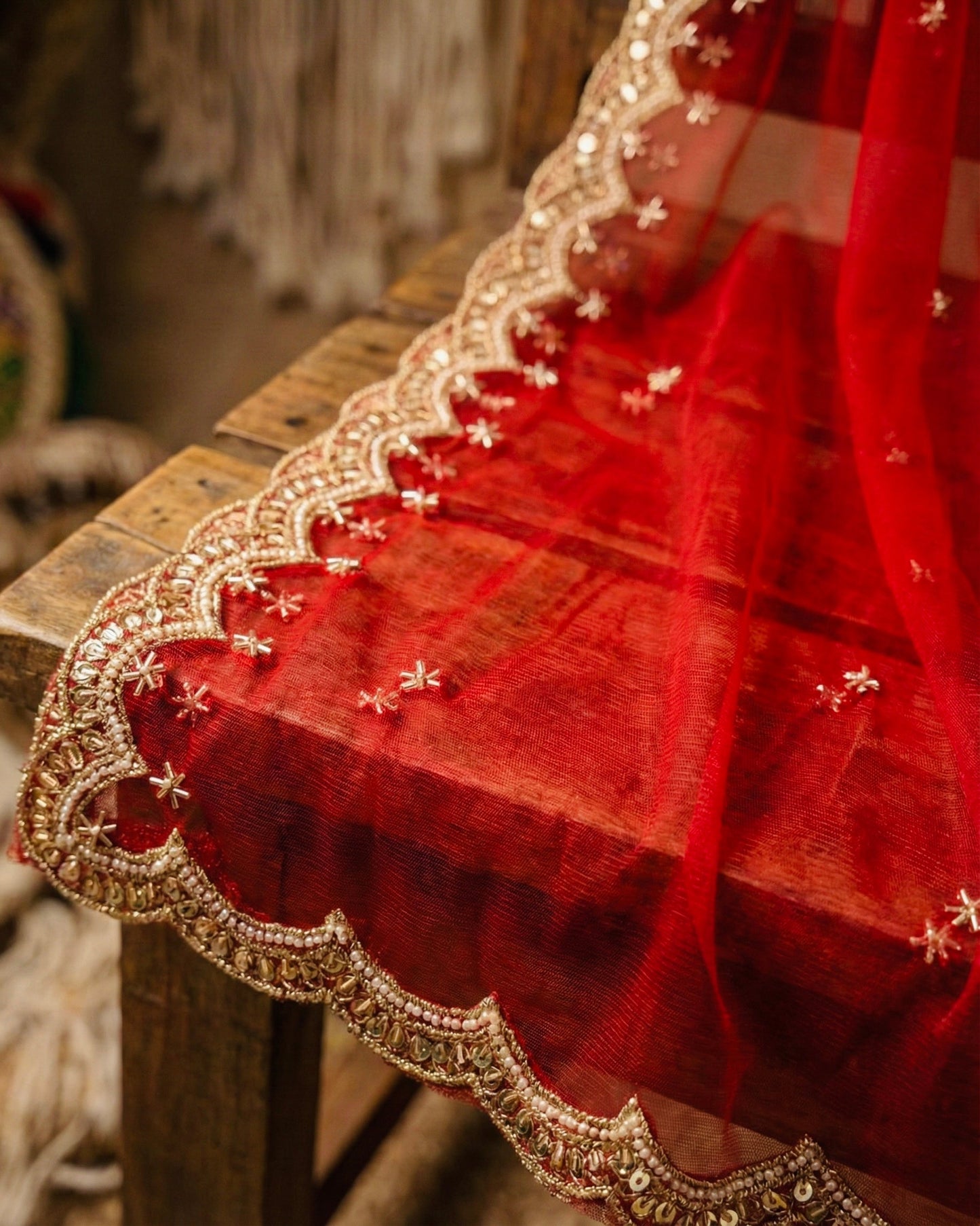 Red Bridal Net Dupatta with Zari & Beads Work – Wedding & Festive Wear