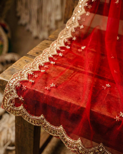 Red Bridal Net Dupatta with Zari & Beads Work – Wedding & Festive Wear