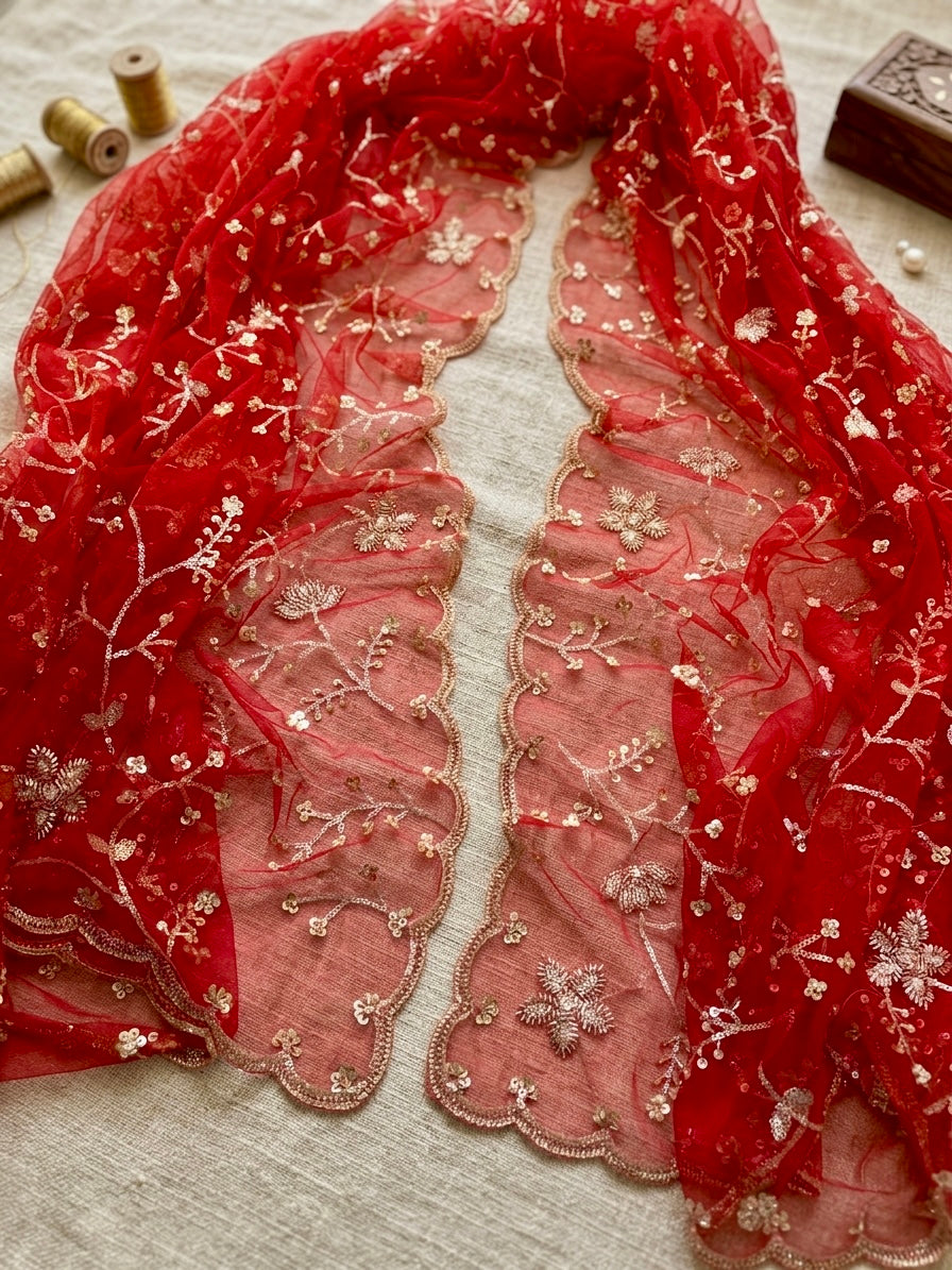 Heavy Red Bridal Net Dupatta with Sequin & Bead Embroidery
