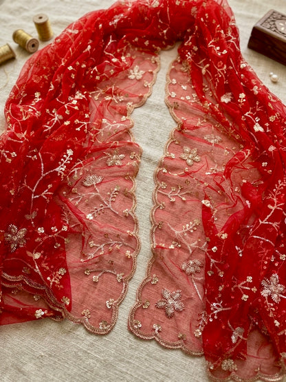 Heavy Red Bridal Net Dupatta with Sequin & Bead Embroidery