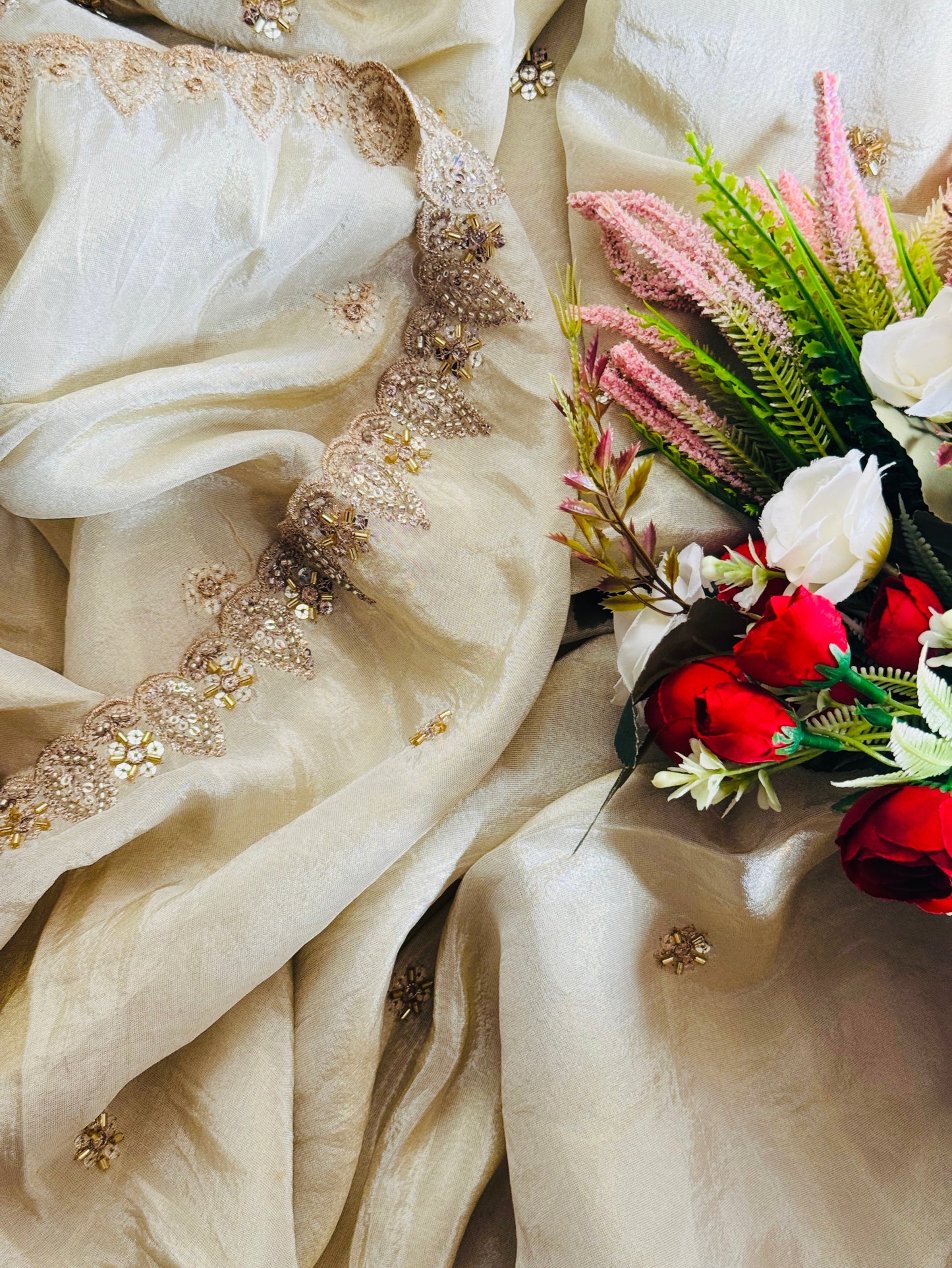 Luxury Golden Viscose Tissue Dupatta – Beads & Zari Sequins Work