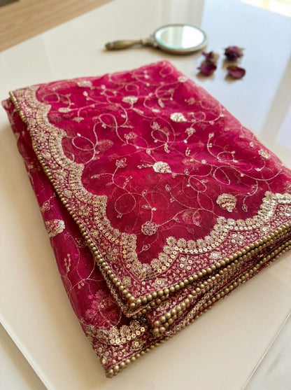 Pink Bridal Net Dupatta with Sequin & Zaal Work