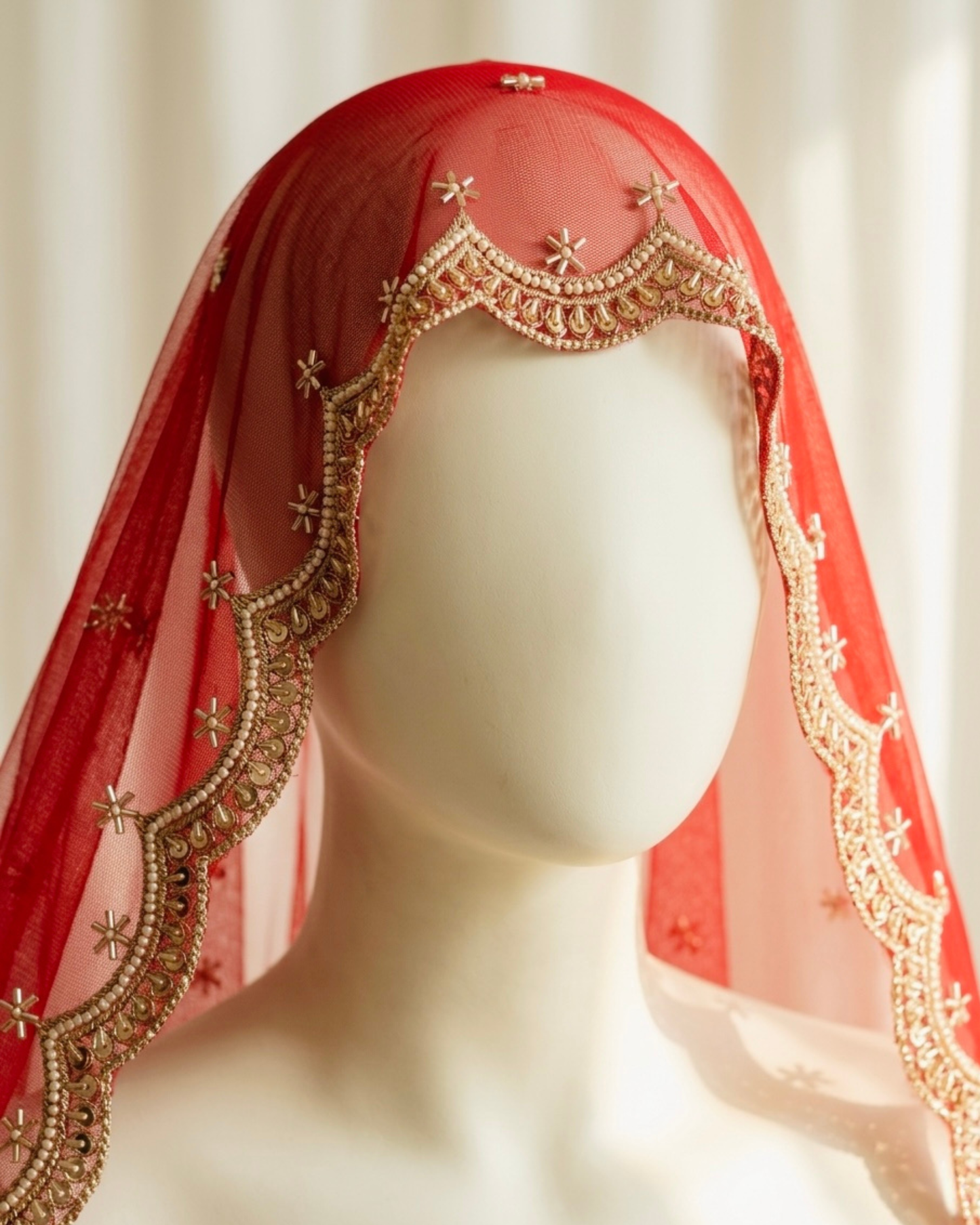 Red Bridal Net Dupatta with Zari & Beads Work – Wedding & Festive Wear