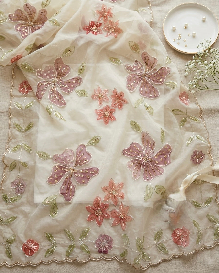 Organza Handpainted Dupatta – Designer Floral Dupatta