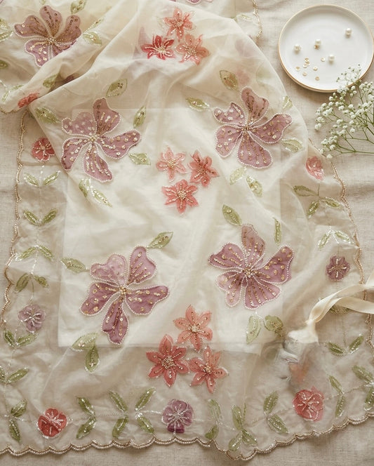 Organza Handpainted Dupatta – Designer Floral Dupatta