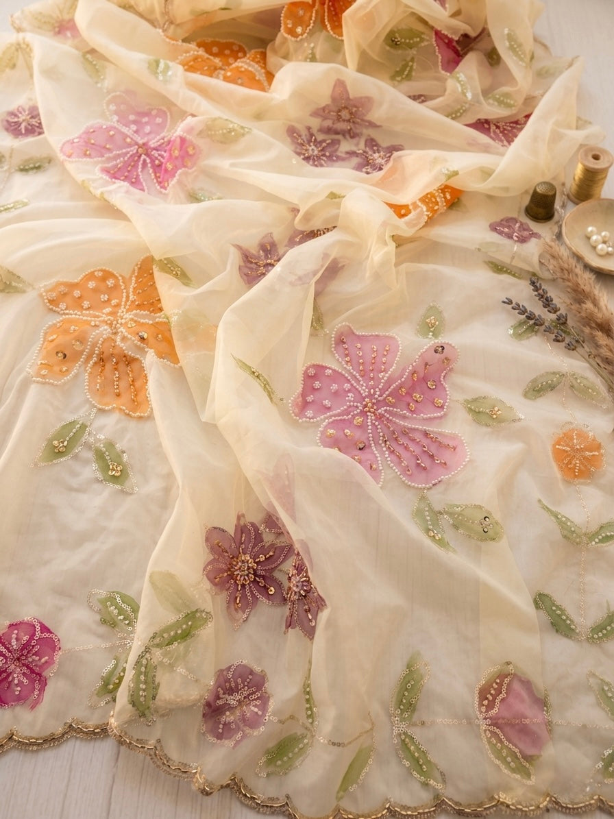 Hand Painted Organza Dupatta with Floral Art | Elegant Sheer Wrap