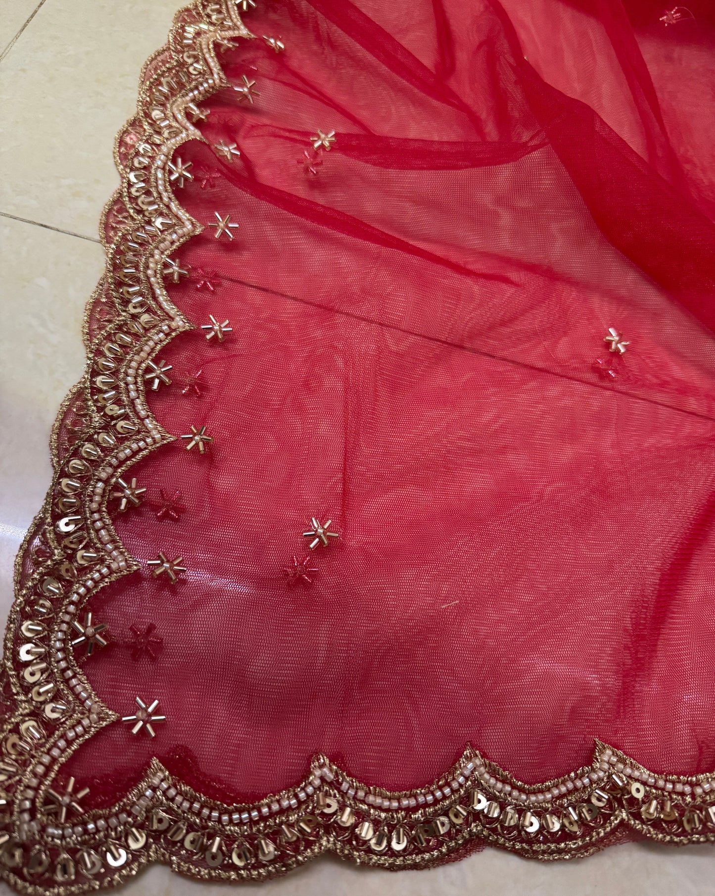 Red Bridal Net Dupatta with Zari & Beads Work – Wedding & Festive Wear