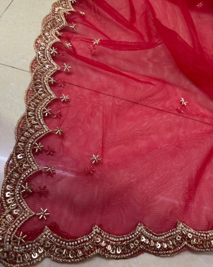 Red Bridal Net Dupatta with Zari & Beads Work – Wedding & Festive Wear