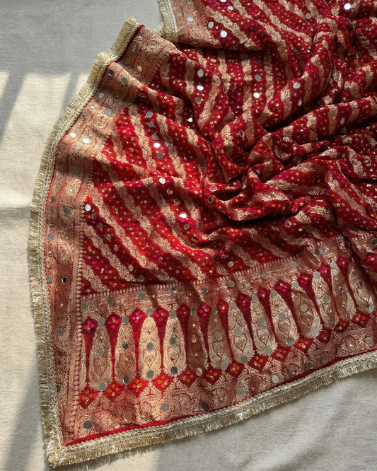 Red Banarasi Mirror Work Dupatta with Zari Border – Bridal & Festive Wear