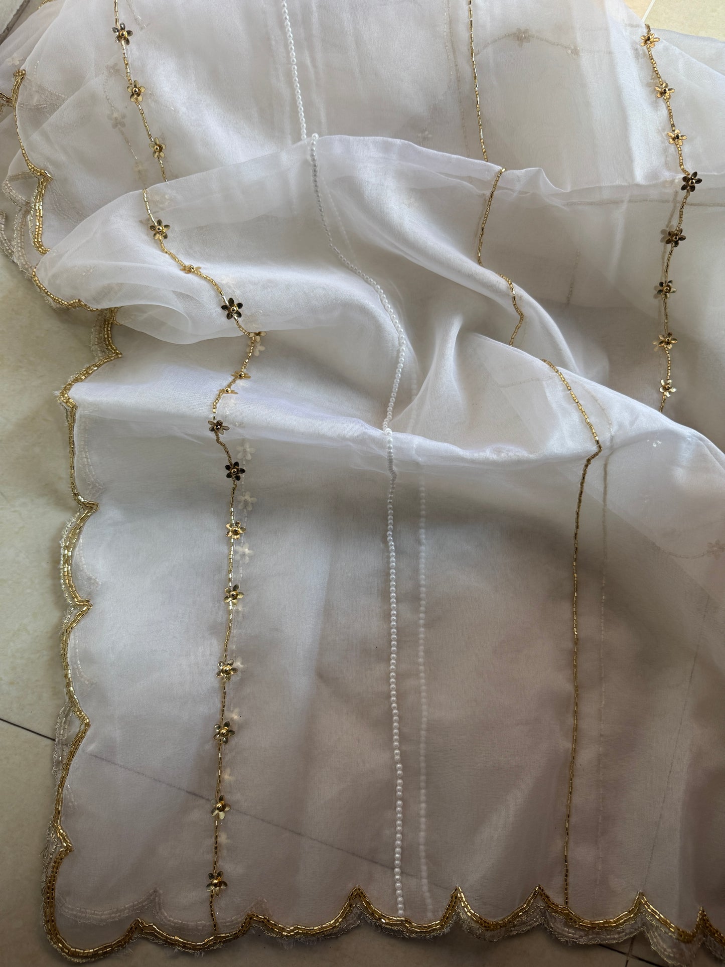 Organza Dupatta with Golden Beads & Pearl Work | Elegant Handmade Ethnic Dupatta